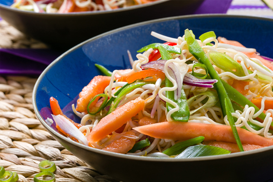 Noodles with choisam and mangetout