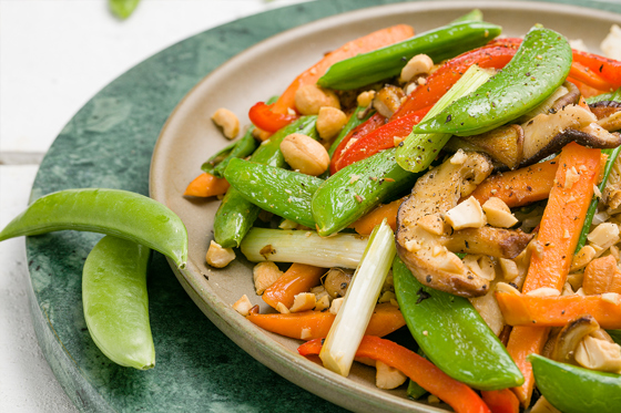 Sugar snaps with shiitake and rice