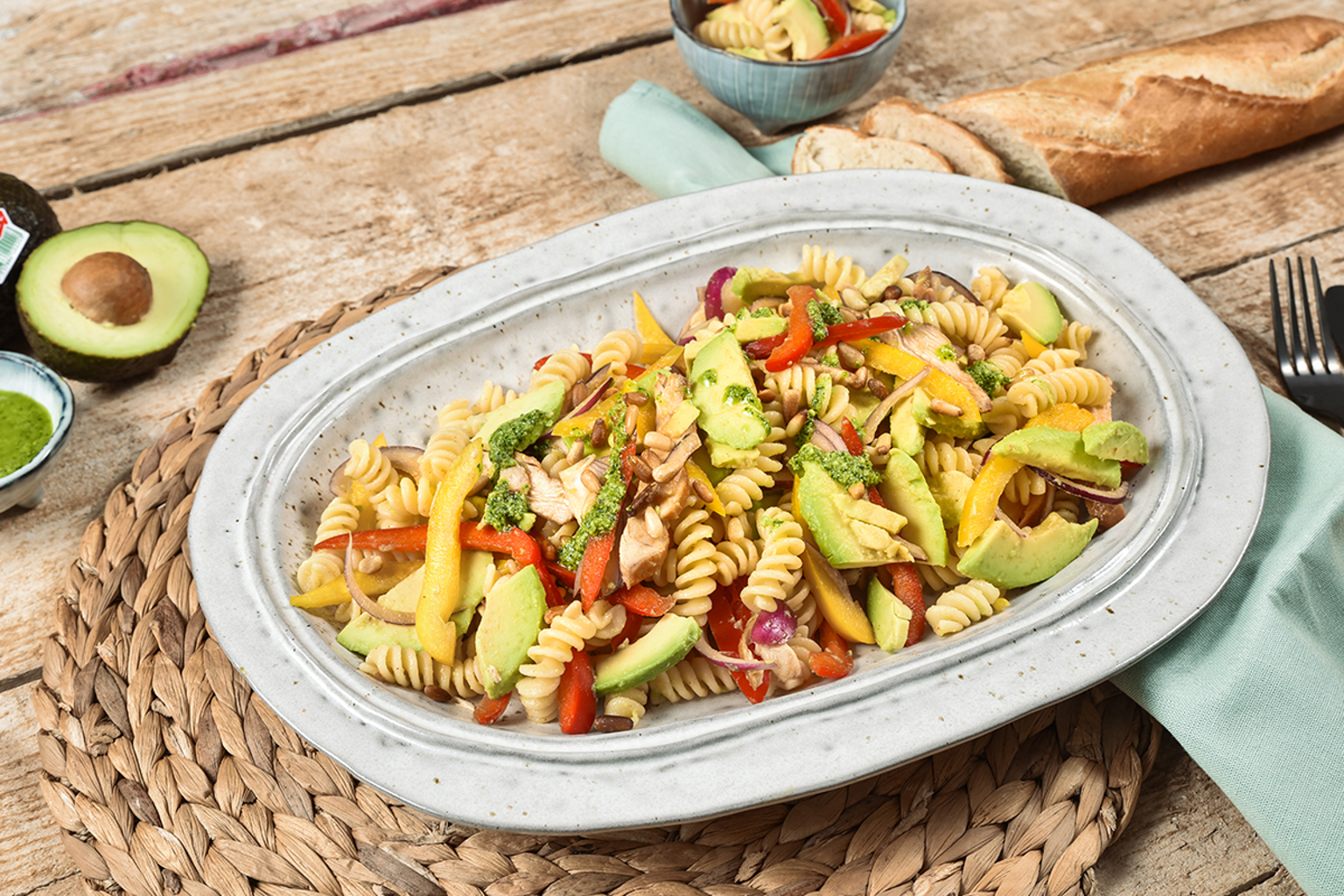 Pasta salad with avocado and chicken