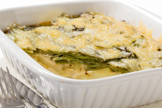 Mangetout and potato gratin 